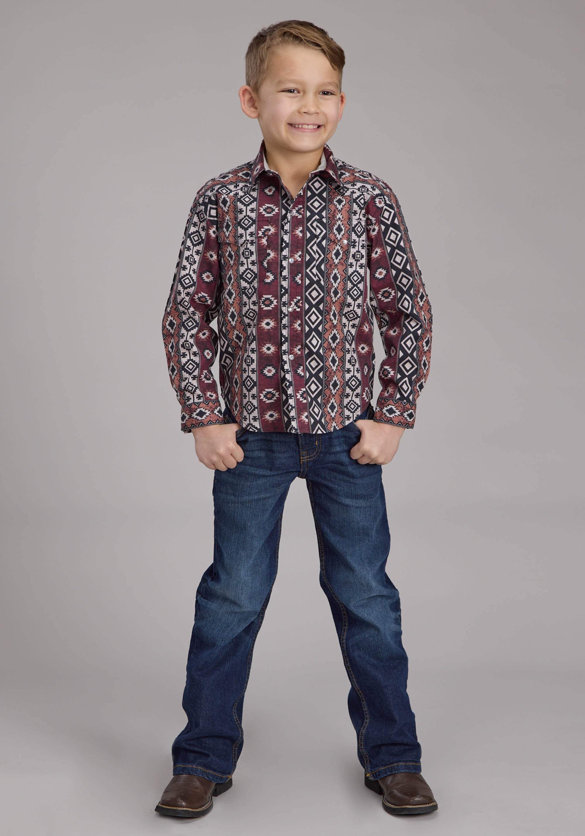 Roper Boys Winter Aztec Print Long Sleeve Snap Western Shirt - Roper - Flyclothing LLC
