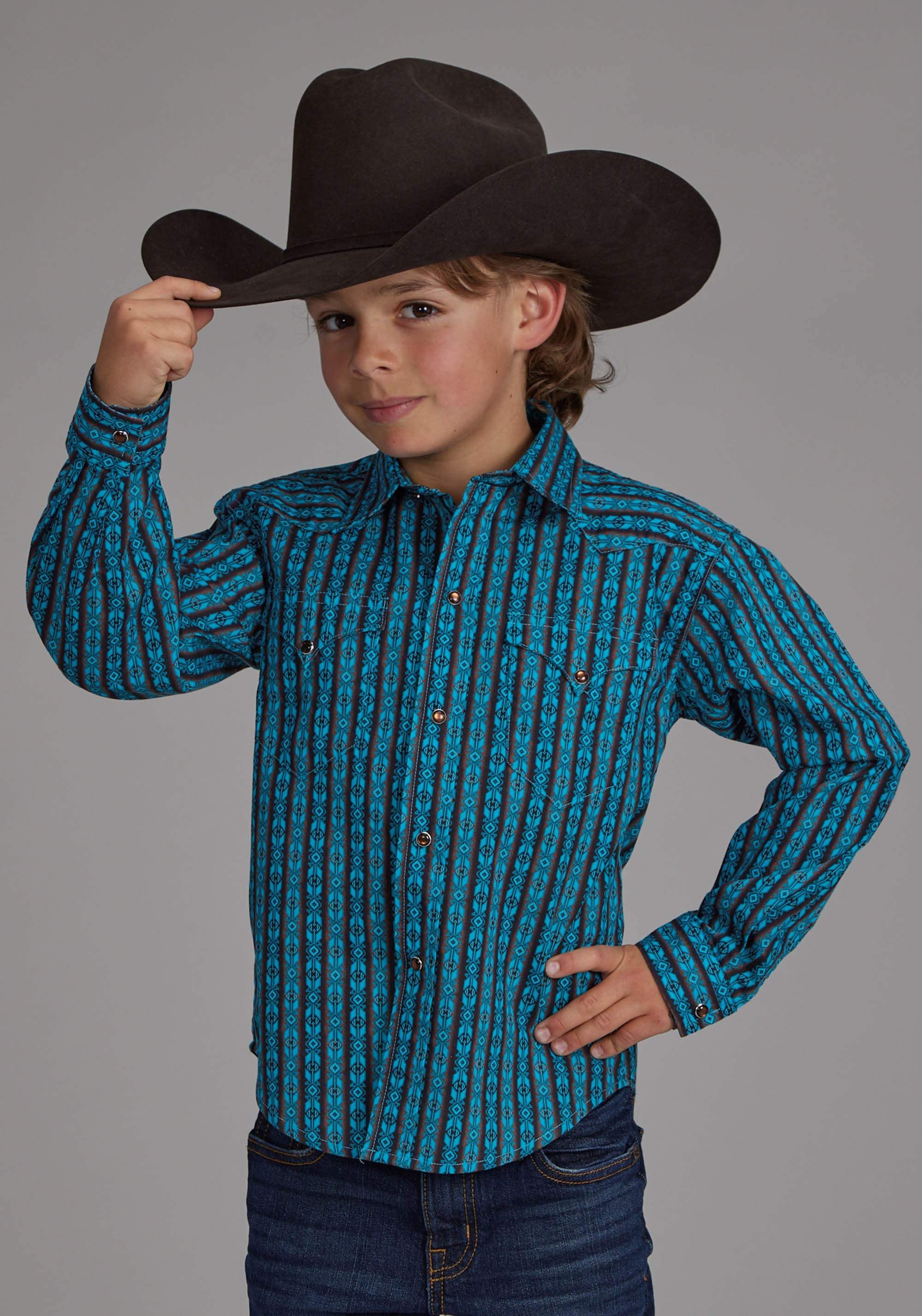 Roper Boys Micro Aztec Print Long Sleeve Snap Western Shirt - Roper - Flyclothing LLC