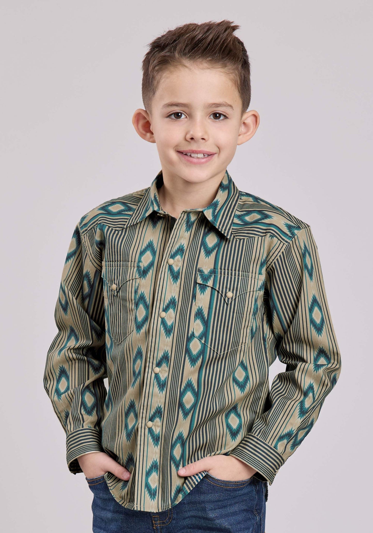 Boys Roper Navajo Stripes Print Long Sleeve Snap Shirt - Roper - Flyclothing LLC