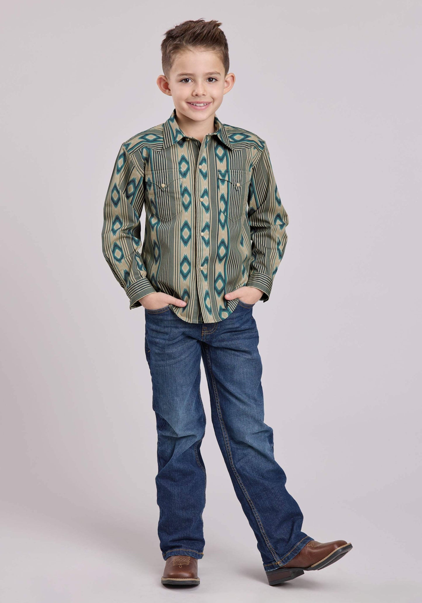 Boys Roper Navajo Stripes Print Long Sleeve Snap Shirt - Roper - Flyclothing LLC