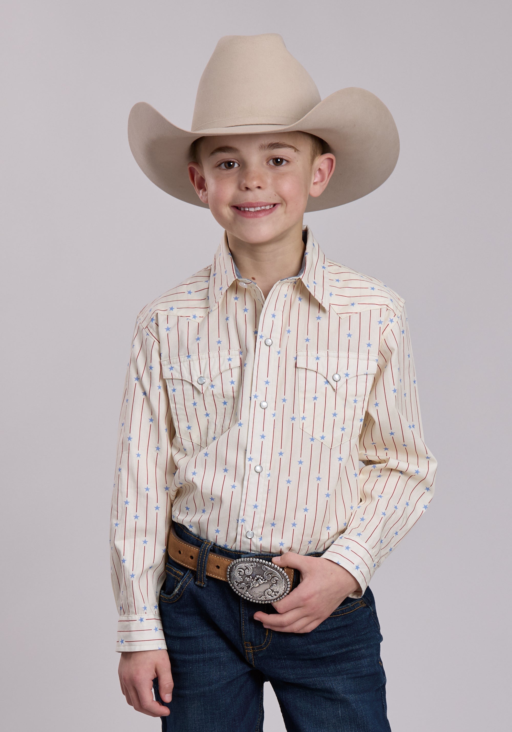 Boys Roper Stars And Stripes Print Long Sleeve Snap Shirt