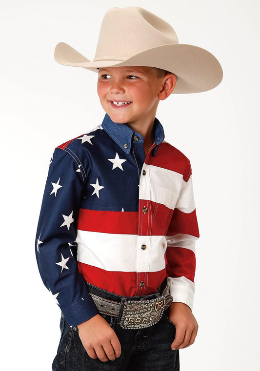 Roper Boys Red White And Blue Stars And Stripes Pieced American Flag Long Sleeve Western Snap Shirt - Roper