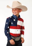 Roper Boys Red White And Blue Stars And Stripes Pieced American Flag Long Sleeve Western Snap Shirt - Roper