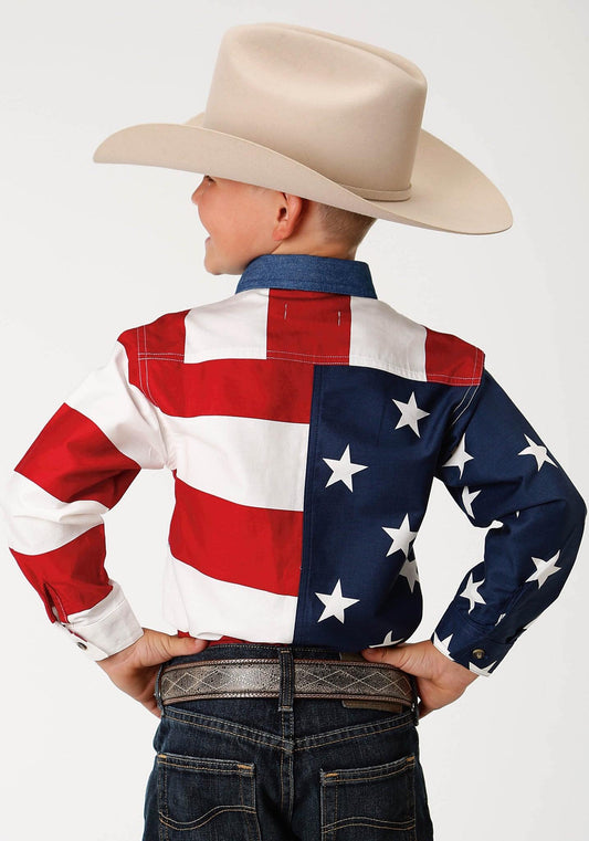 Roper Boys Red White And Blue Stars And Stripes Pieced American Flag Long Sleeve Western Snap Shirt - Roper