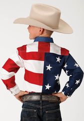Roper Boys Red White And Blue Stars And Stripes Pieced American Flag Long Sleeve Western Snap Shirt