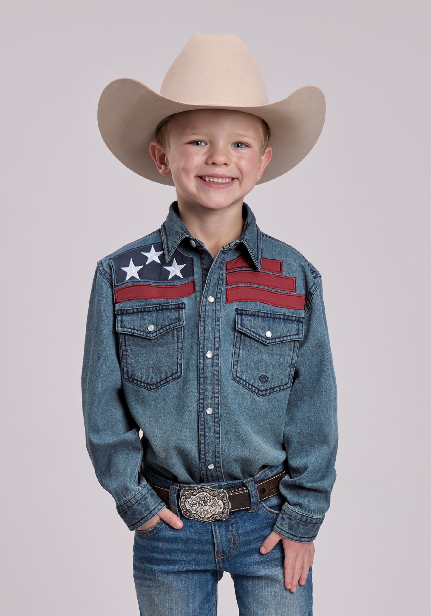 Boys Roper Medium Blue Denim Long Sleeve Snap Shirt