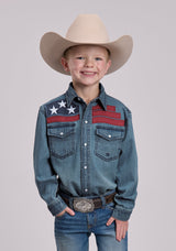 Boys Roper Medium Blue Denim Long Sleeve Snap Shirt
