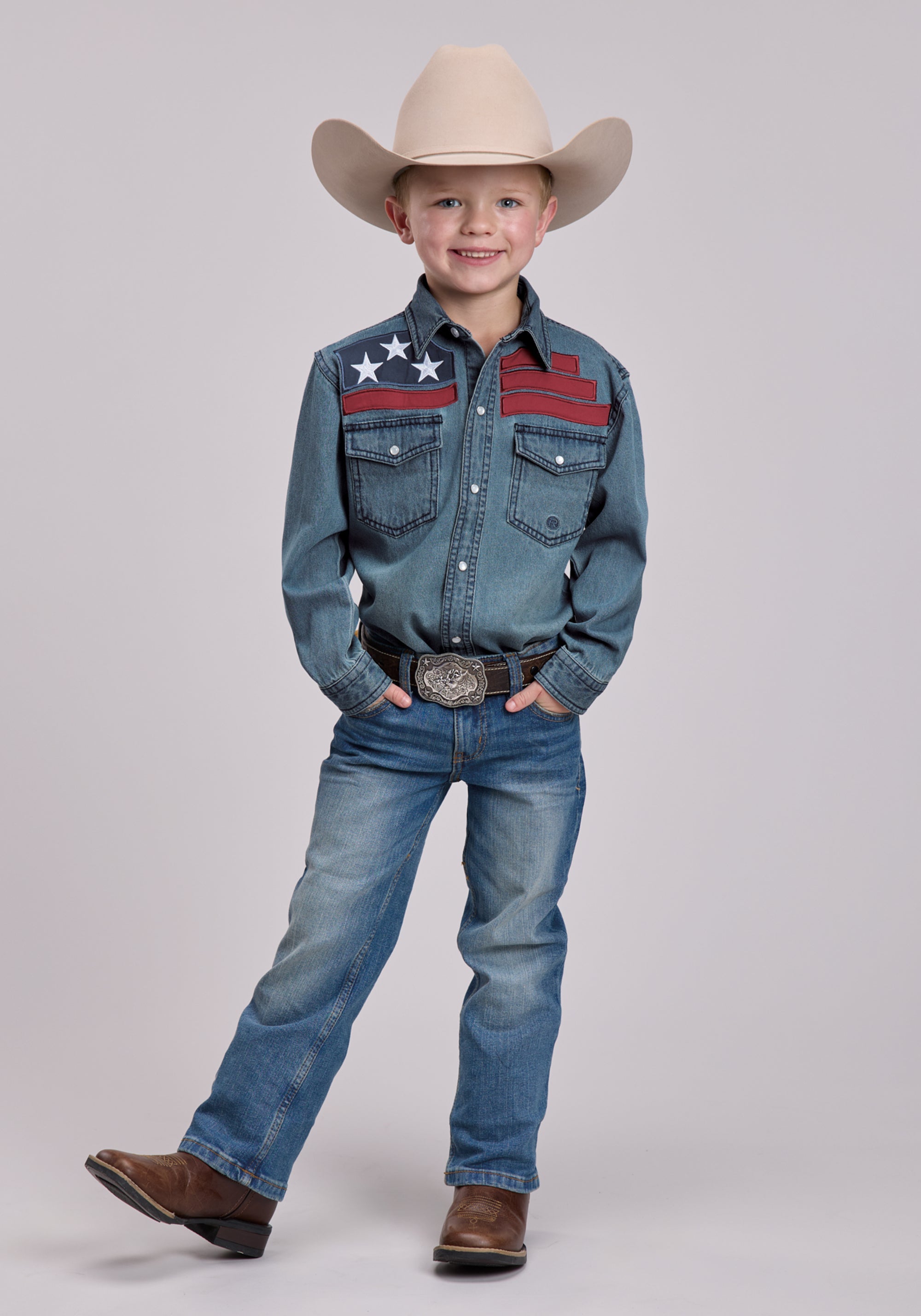 Boys Roper Medium Blue Denim Long Sleeve Snap Shirt
