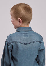Boys Roper Medium Blue Denim Long Sleeve Snap Shirt