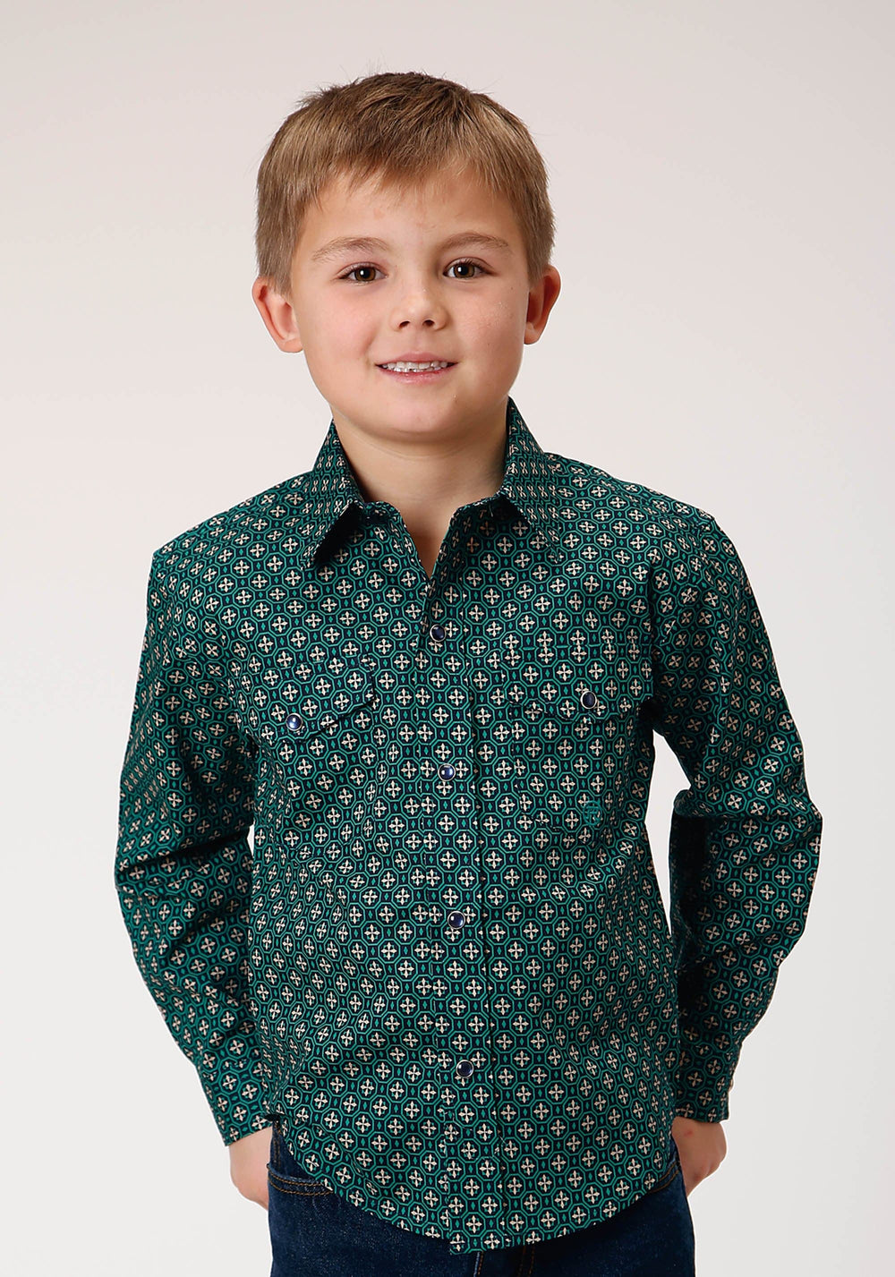 Roper Boys Long Sleeve Snap Croshort Sleeve Walk Foulard Western Shirt - Roper