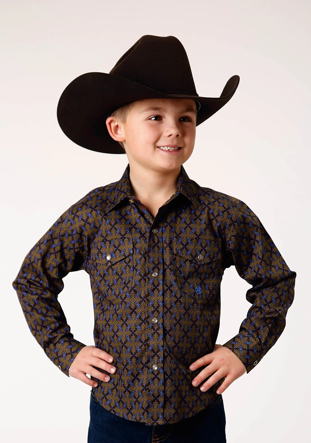 Roper Boys Long Sleeve Snap Diamond Medallion Western Shirt - Roper