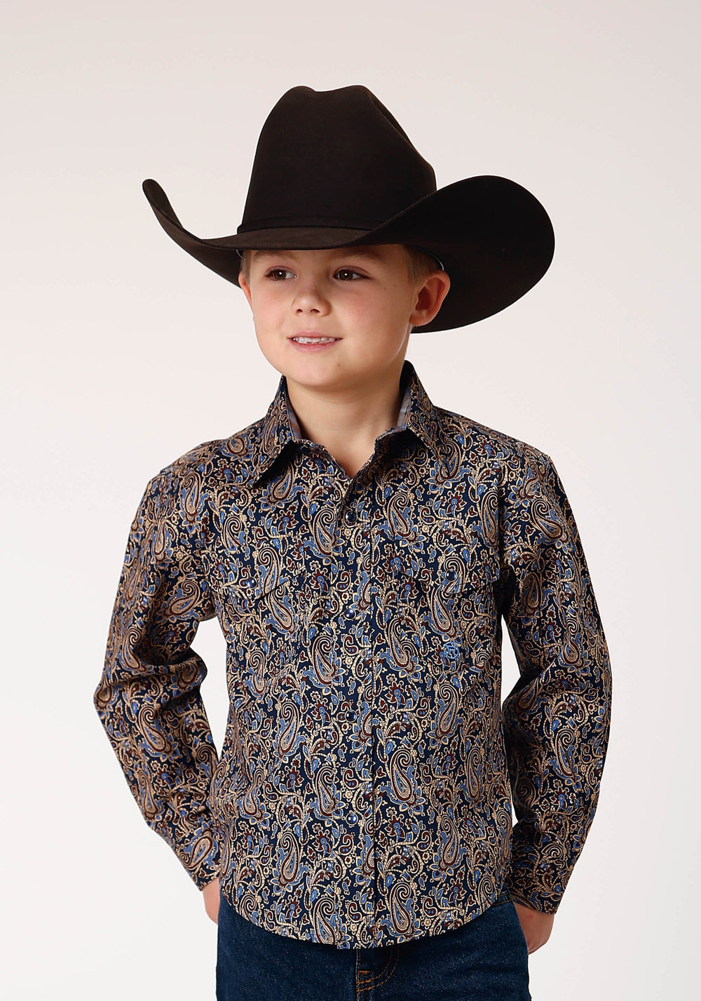 Roper Boys Long Sleeve Snap Vintage Paisley Western Shirt - Roper