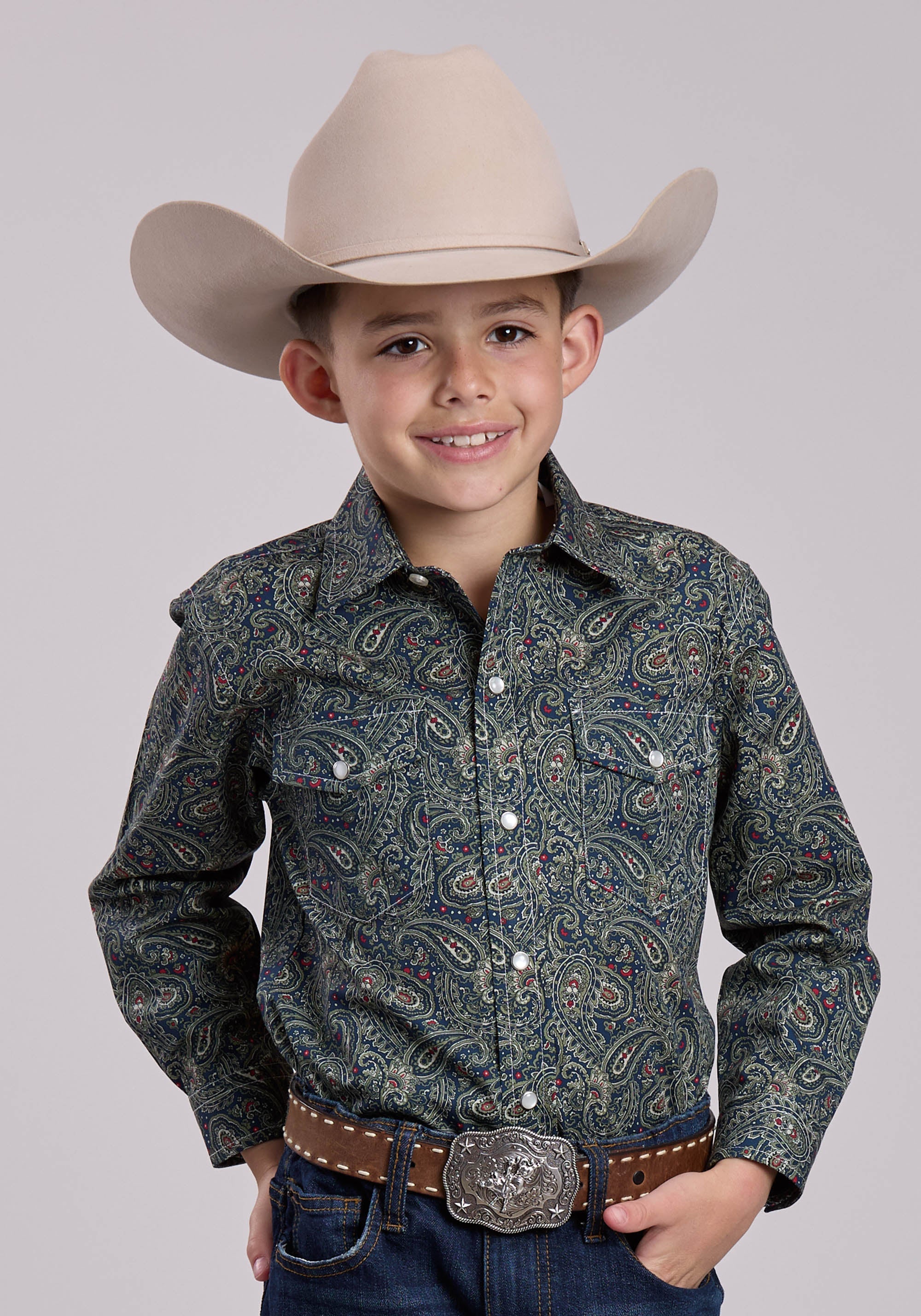 Roper Boys Long Sleeve Snap Forest Paisley Western Shirt