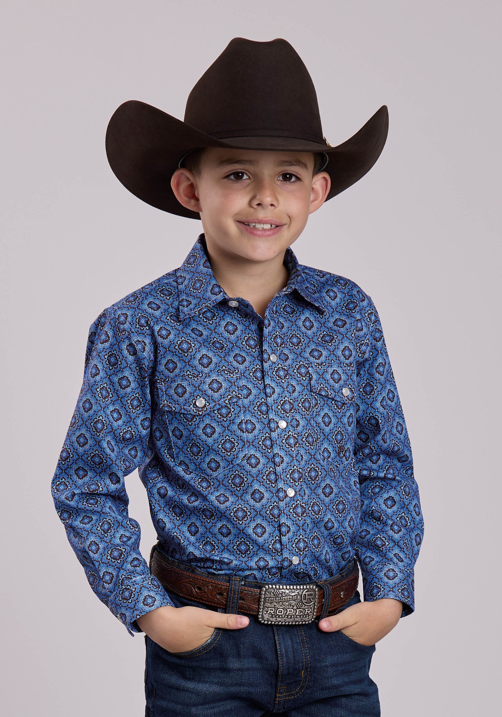 Roper Boys Long Sleeve Snap Vintage Blue Medallion Paisley Western Shi