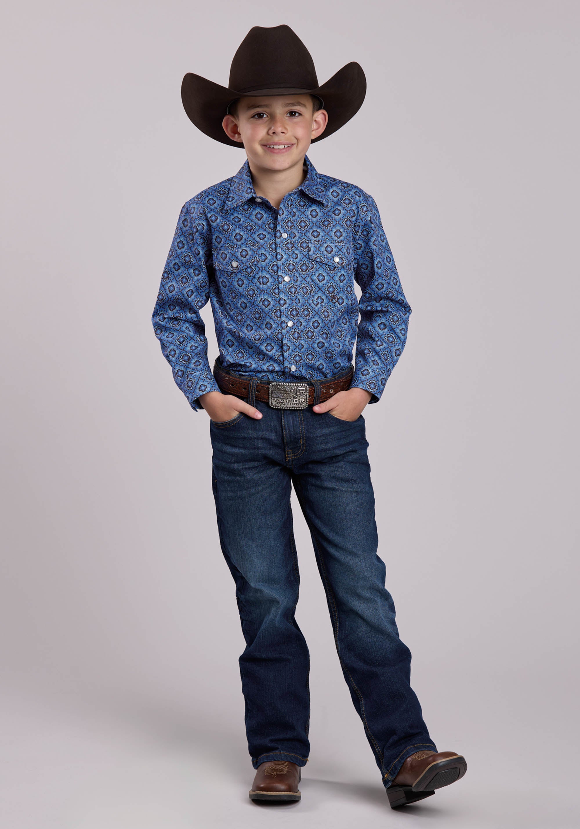 Roper Boys Long Sleeve Snap Vintage Blue Medallion Paisley Western Shirt