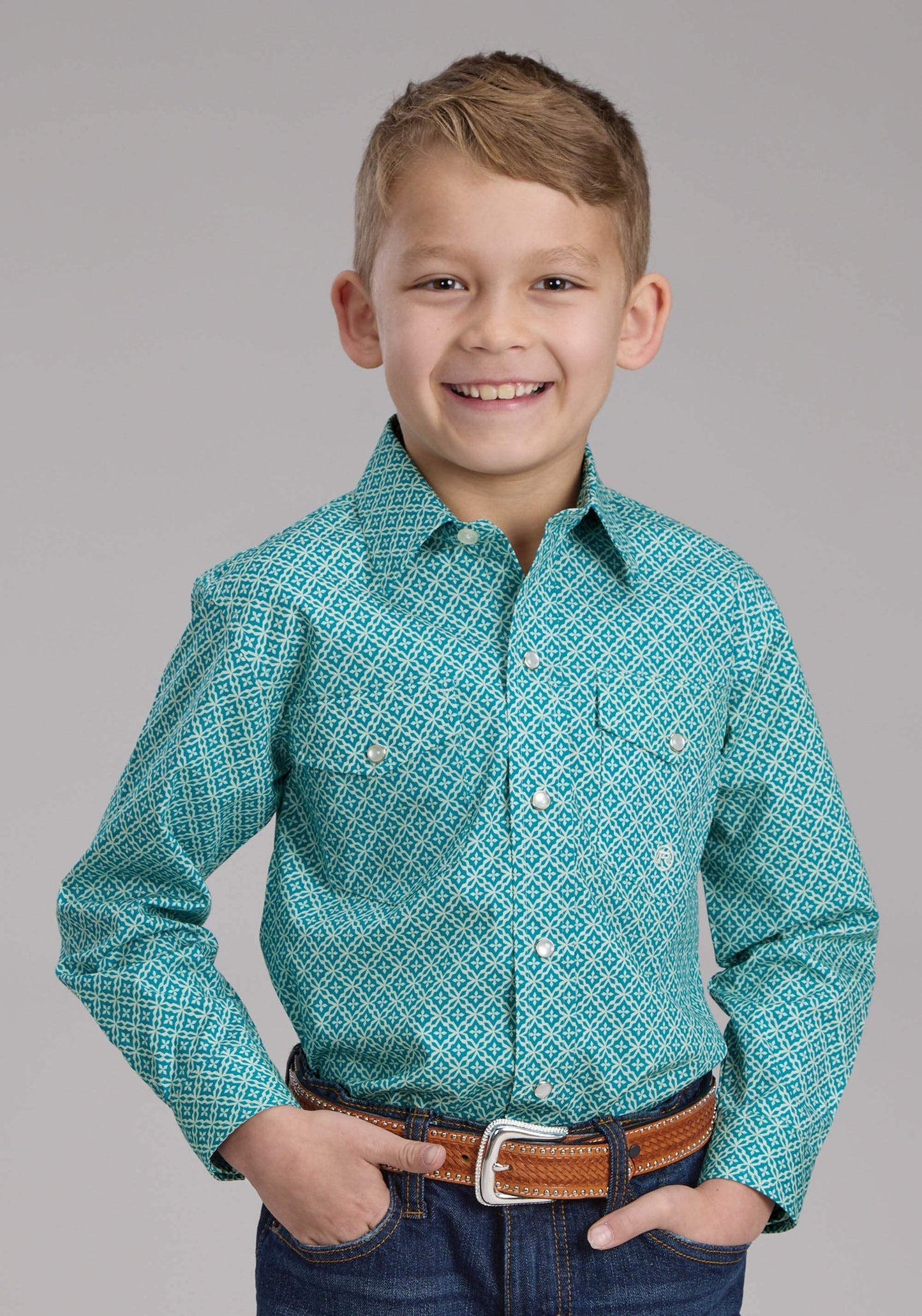 Roper Boys Stretch Four Point Foulard - Turq Long Sleeve Snap Western Shirt - Roper - Flyclothing LLC