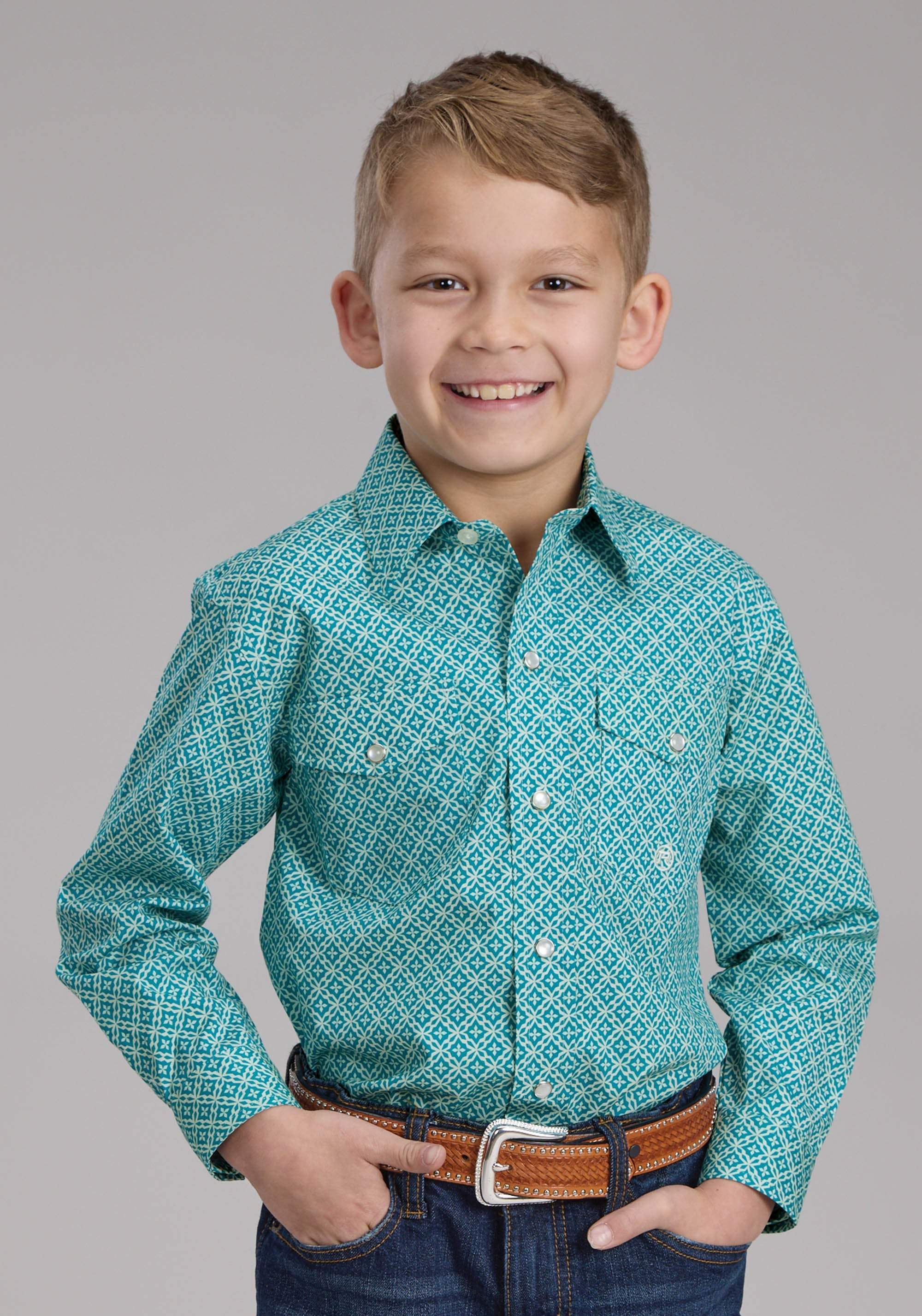 Roper Boys Stretch Four Point Foulard - Turq Long Sleeve Snap Western Shirt - Roper - Flyclothing LLC