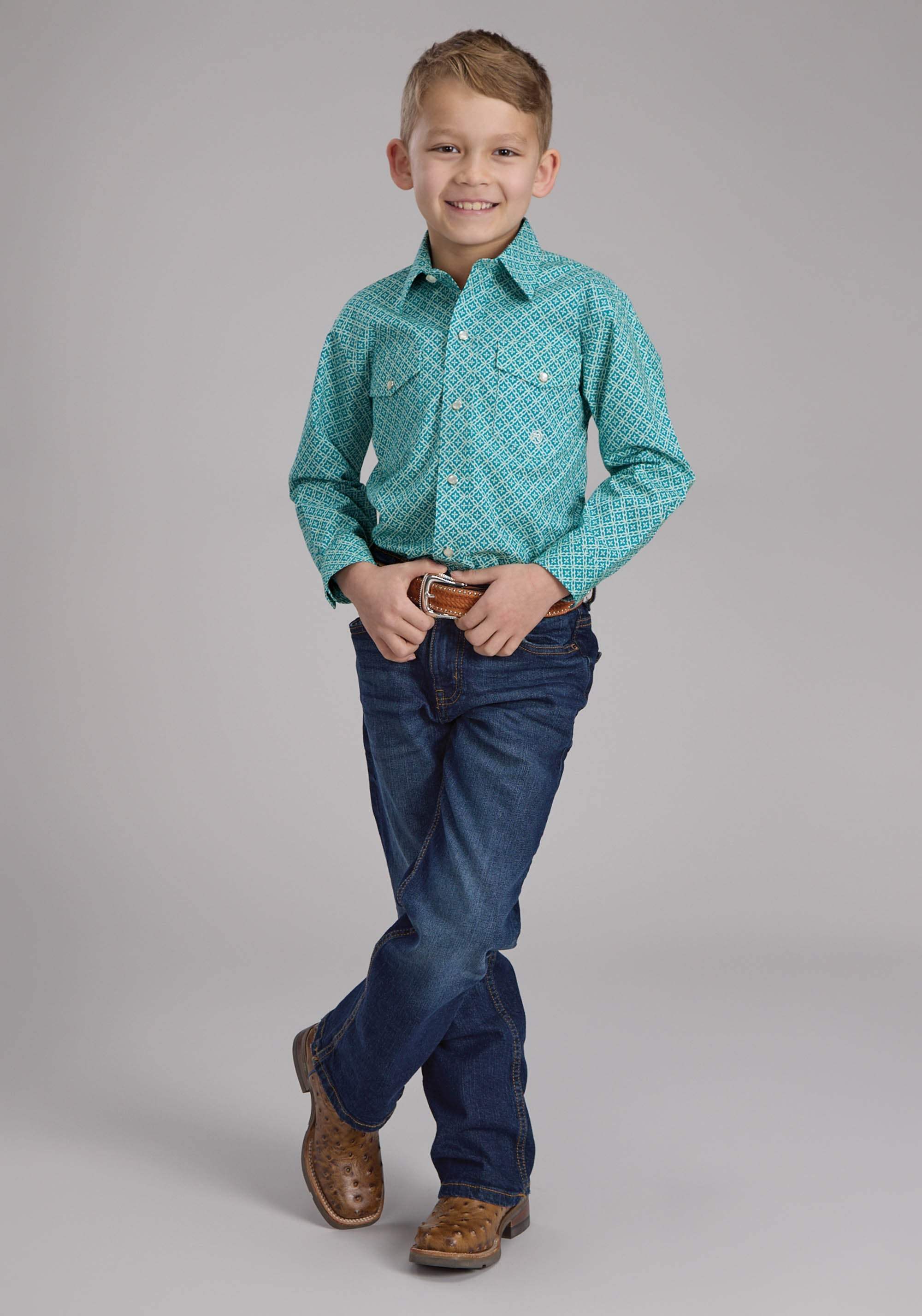 Roper Boys Stretch Four Point Foulard - Turq Long Sleeve Snap Western Shirt - Roper - Flyclothing LLC