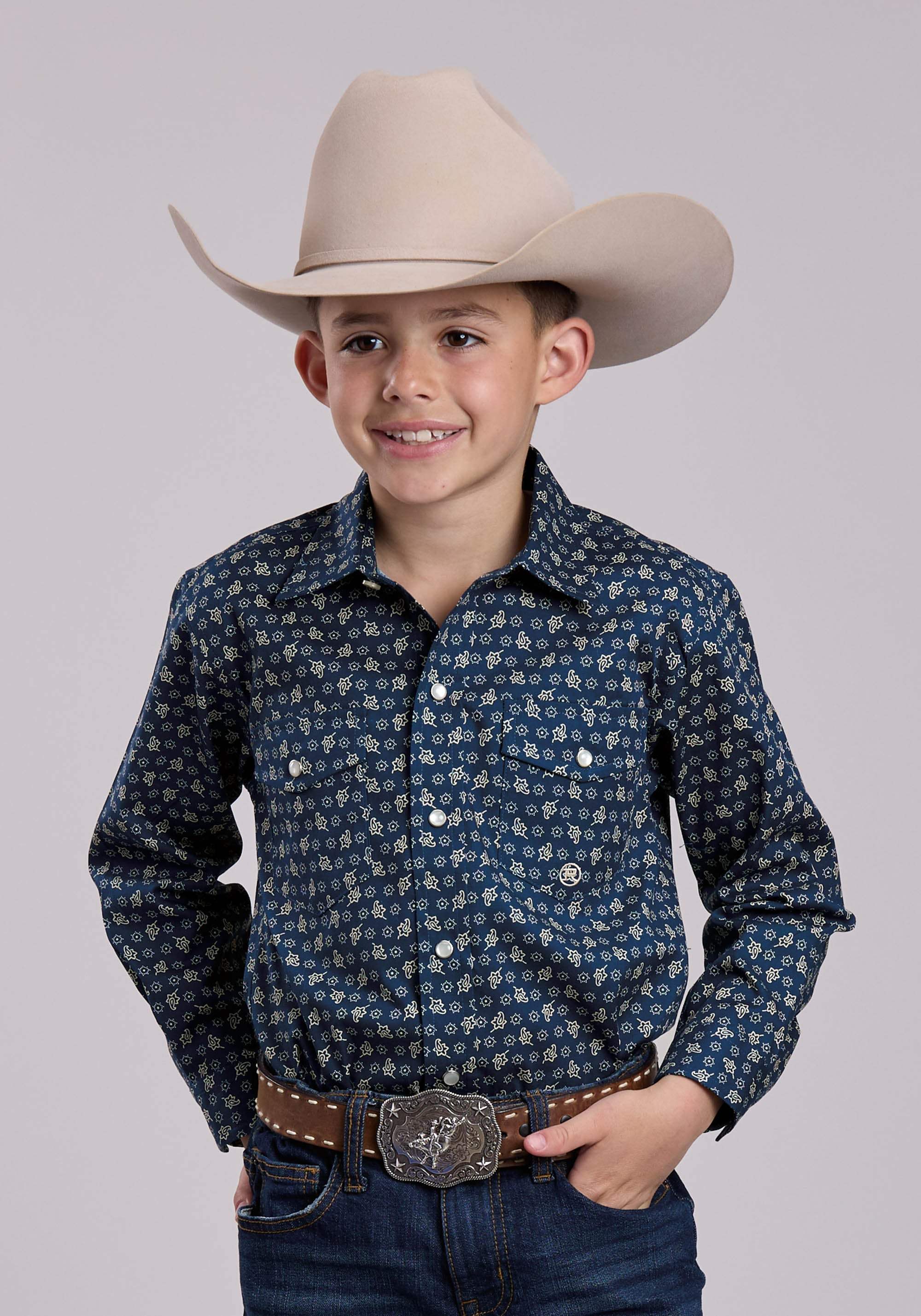 Roper Boys Long Sleeve Snap Stretch Poplin Paisley - Navy Western Shirt - Roper - Flyclothing LLC