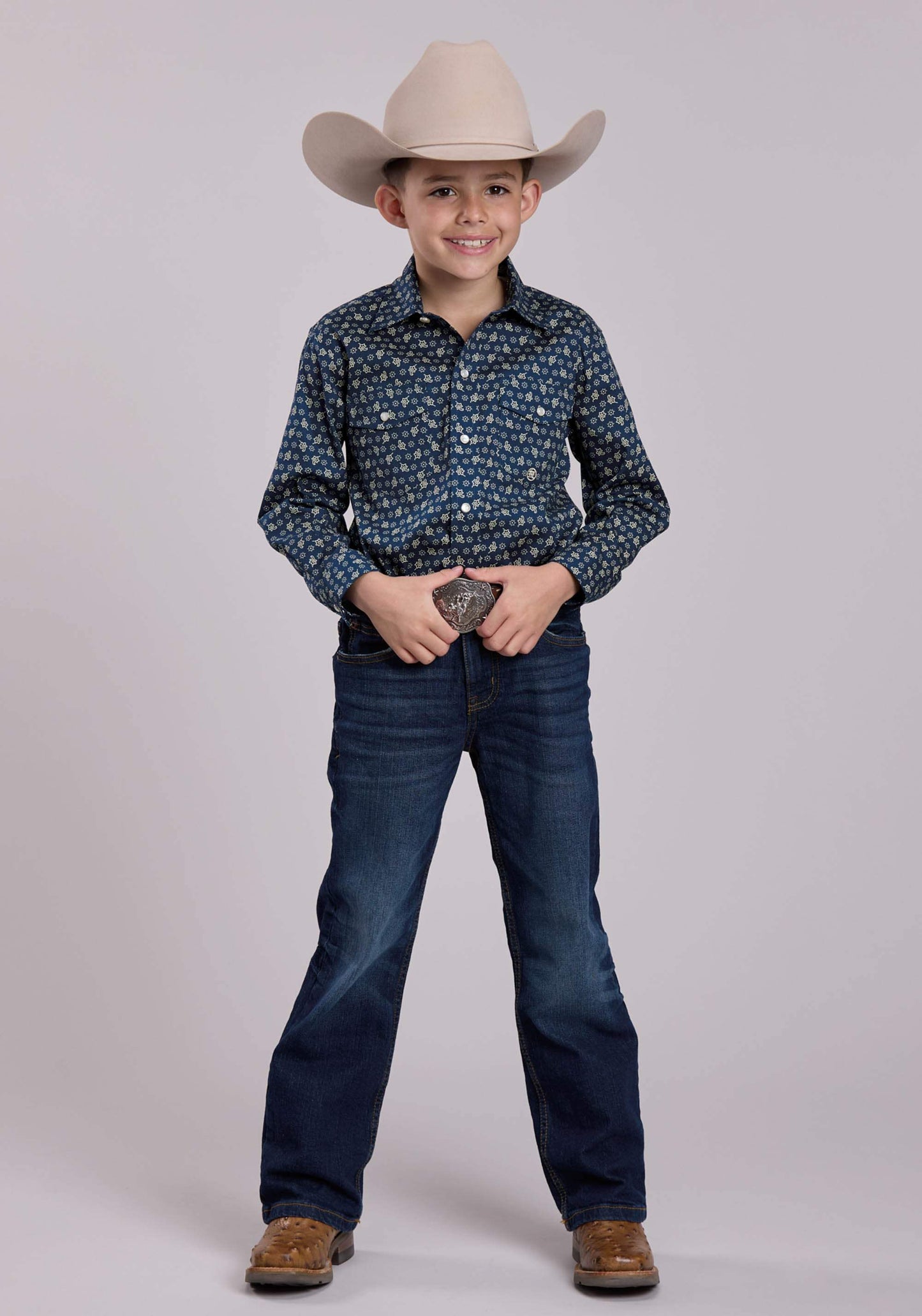 Roper Boys Long Sleeve Snap Stretch Poplin Paisley - Navy Western Shirt - Roper - Flyclothing LLC