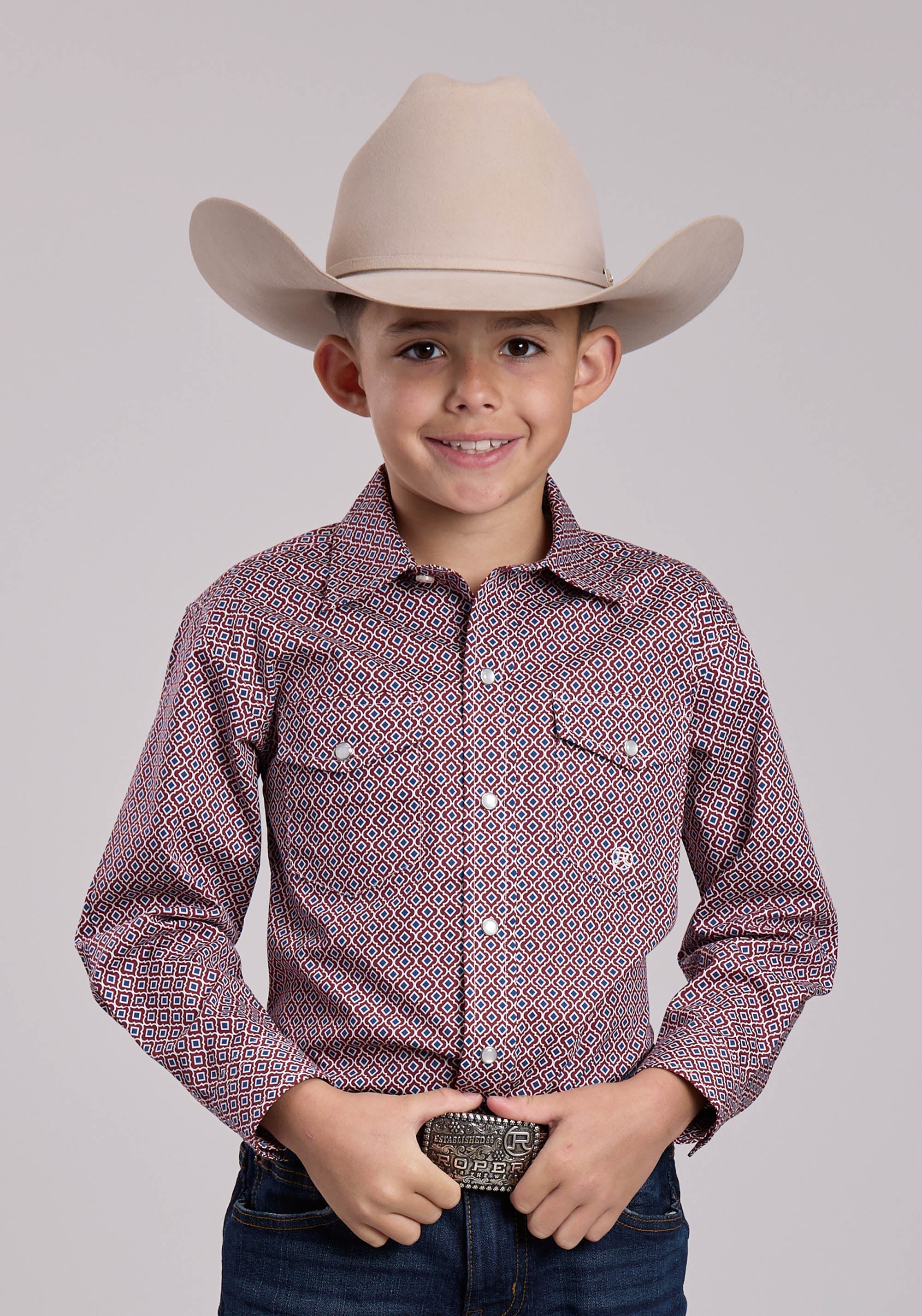 Boys Roper Red Tile Foulard Long Sleeve Snap Shirt