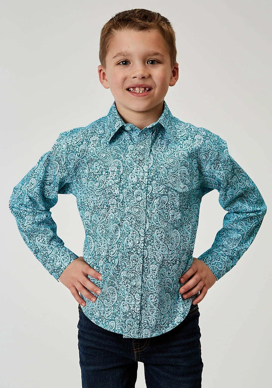 Roper Boys Long Sleeve Snap Stretch Poplin Teal Paisley Western Shirt - Roper - Flyclothing LLC