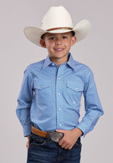 Boys Roper Stretch Geo Print Blue Long Sleeve Snap Shirt