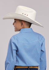 Boys Roper Stretch Geo Print Blue Long Sleeve Snap Shirt