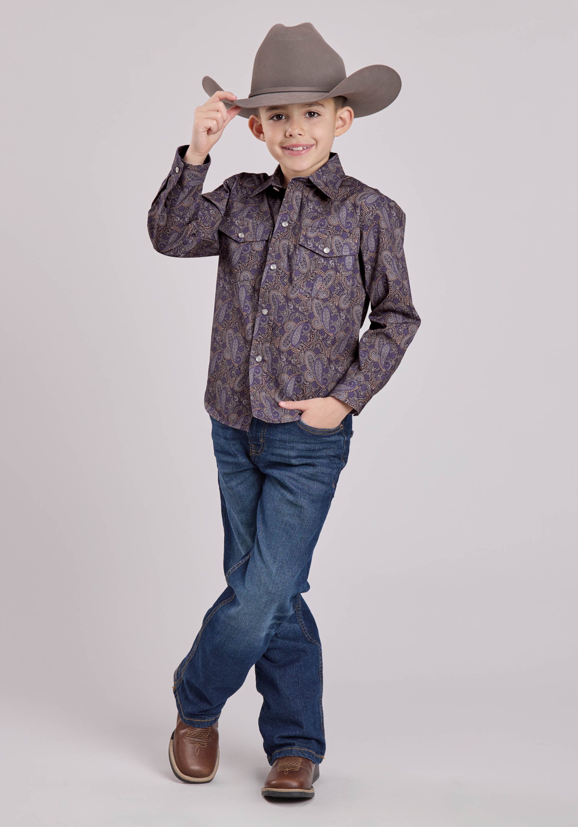 Roper Boys Long Sleeve Snap Purple Haze Paisley Western Shirt
