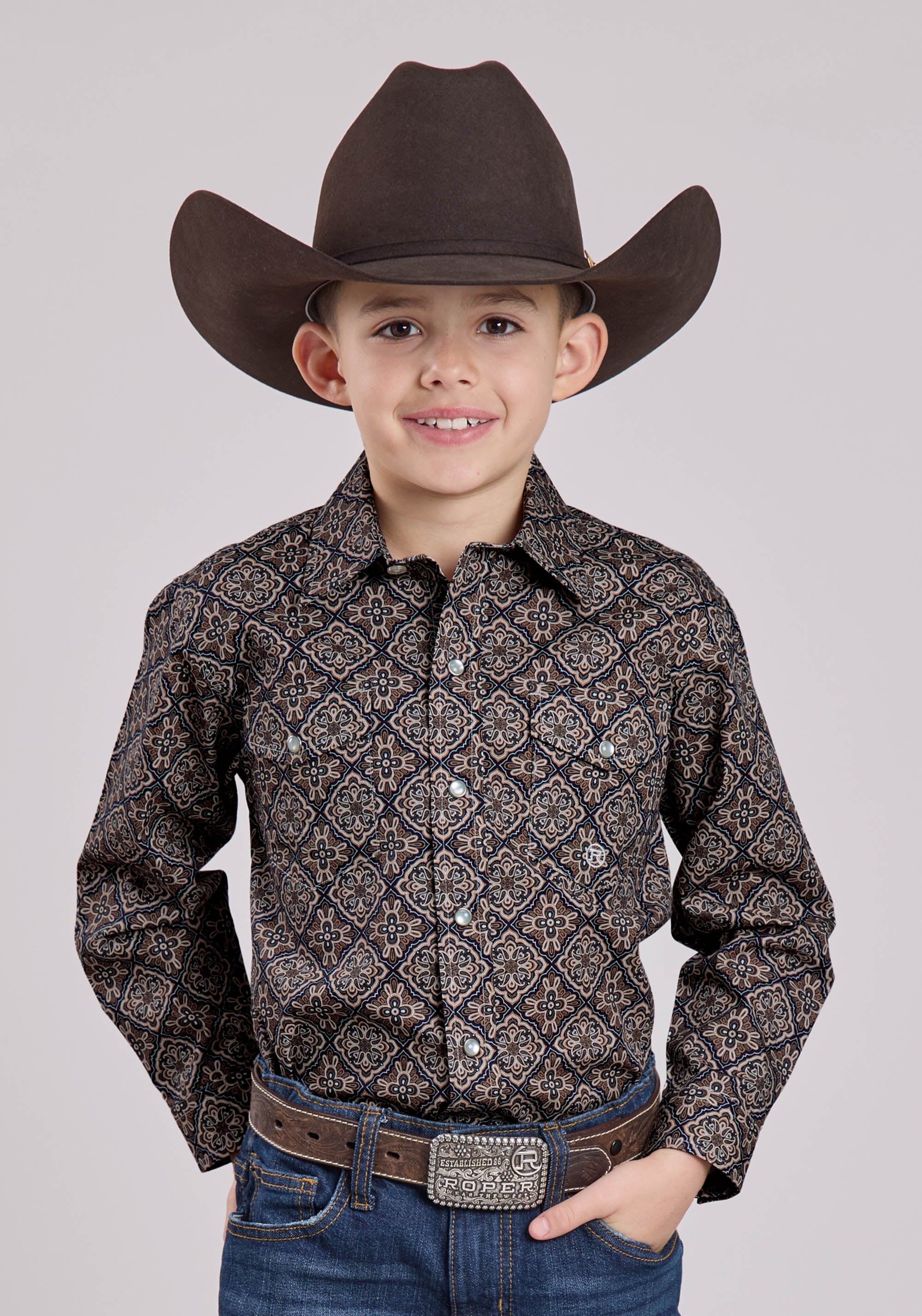 Roper Boys Long Sleeve Snap Bronze Medallion Western Shirt