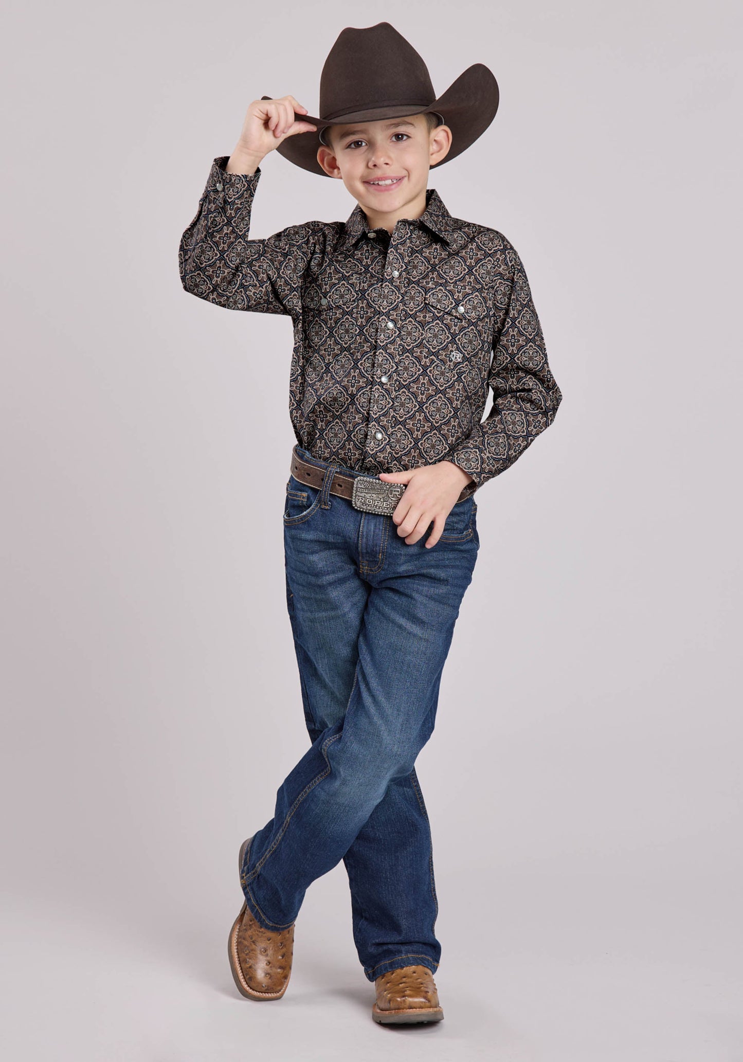Roper Boys Long Sleeve Snap Bronze Medallion Western Shirt