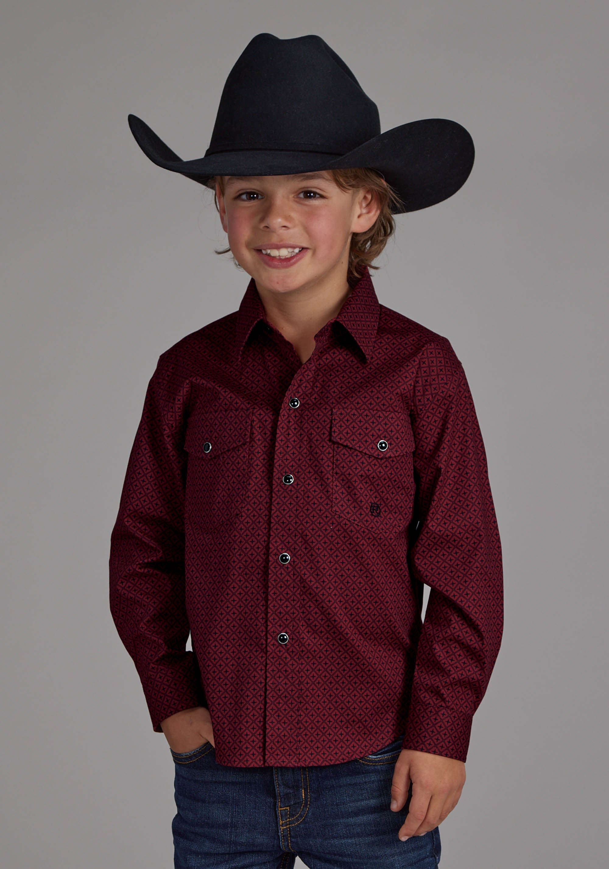 Roper Boys Diamond Print Stretch Poplin - Red Long Sleeve Snap Western