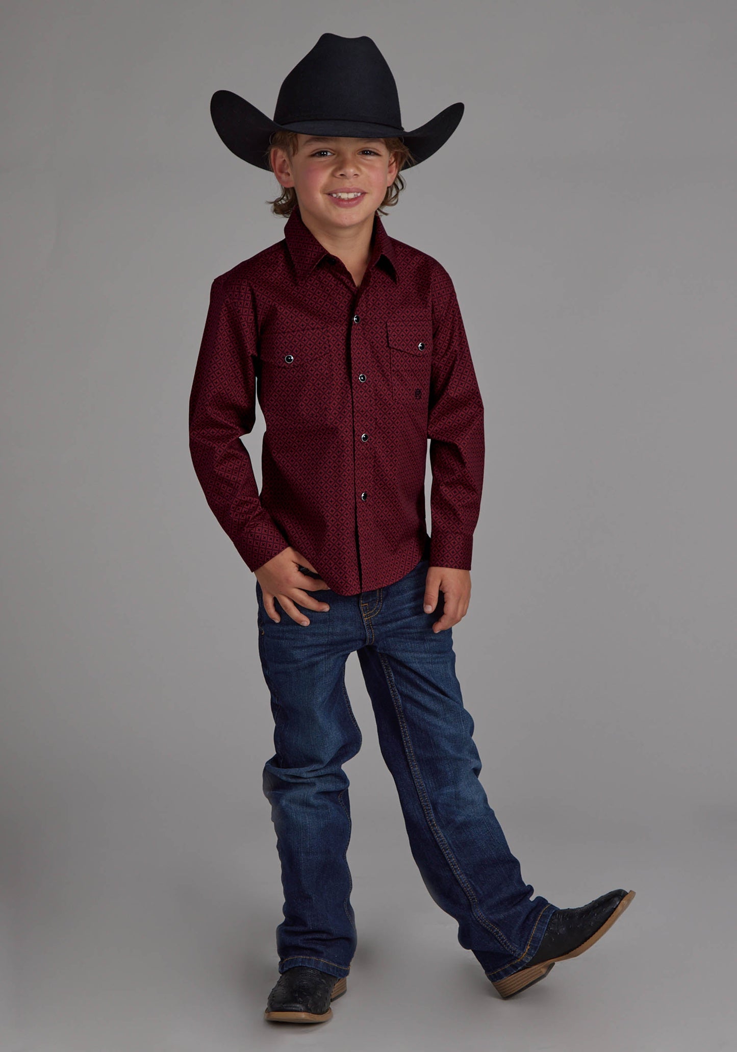 Roper Boys Diamond Print Stretch Poplin - Red Long Sleeve Snap Western Shirt