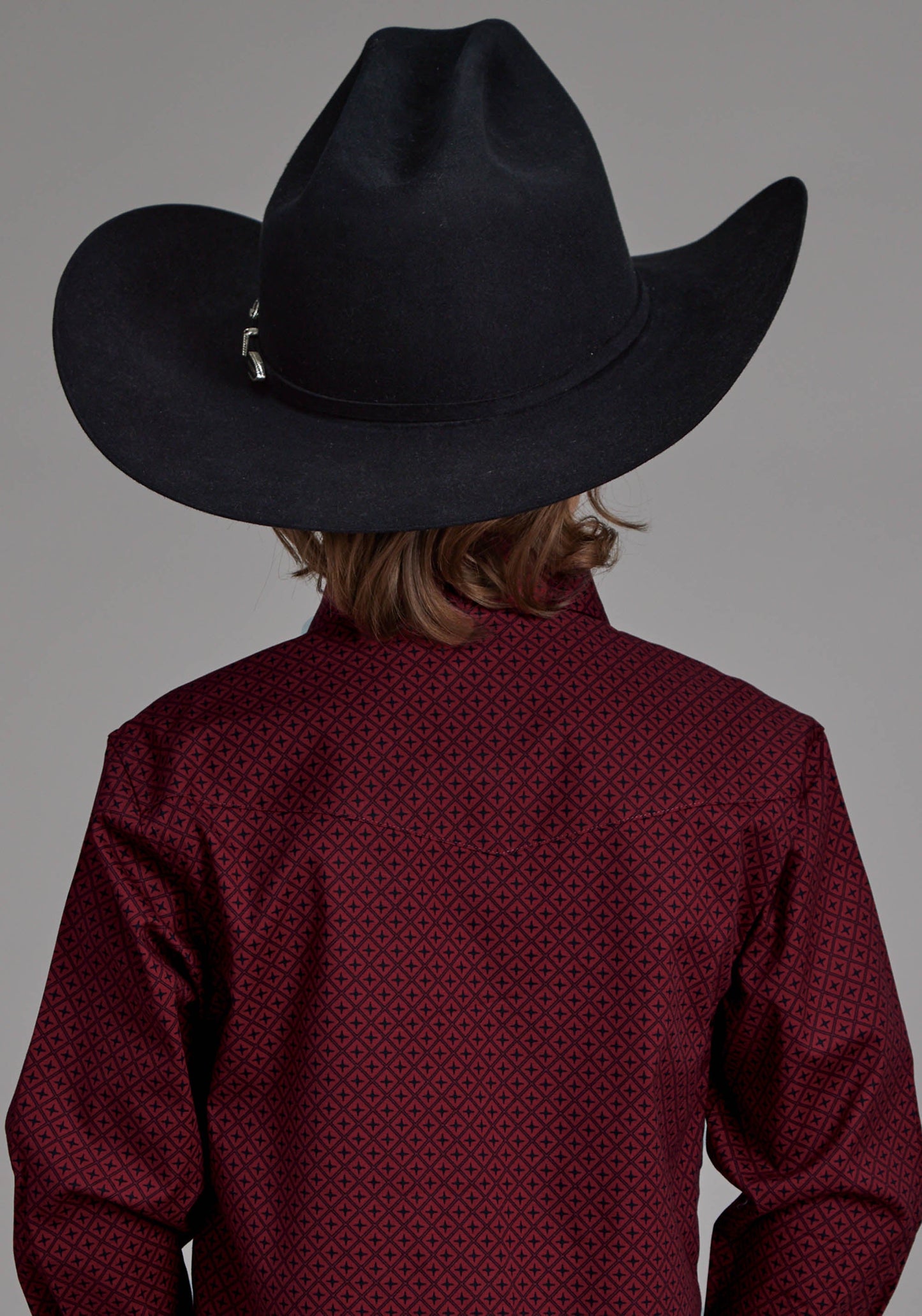 Roper Boys Diamond Print Stretch Poplin - Red Long Sleeve Snap Western Shirt