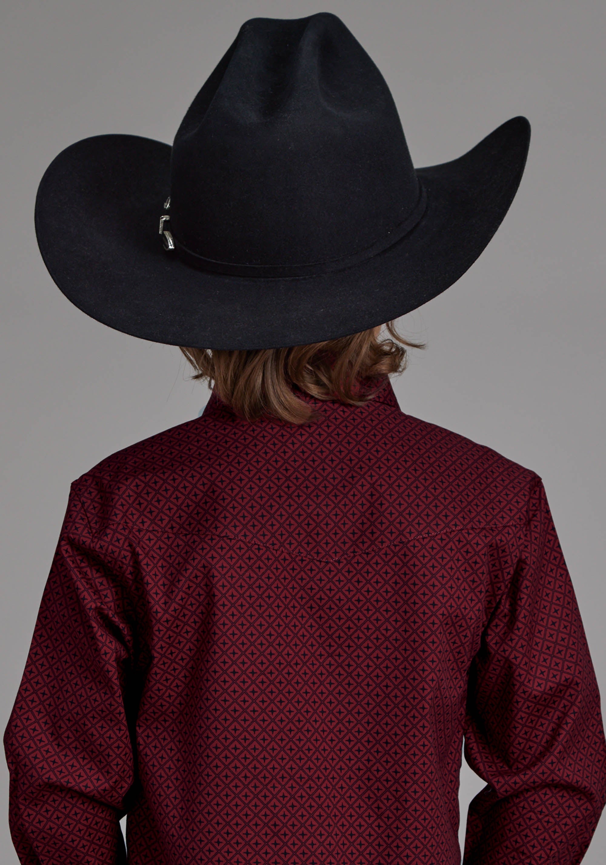 Roper Boys Diamond Print Stretch Poplin - Red Long Sleeve Snap Western Shirt