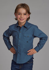 Roper Boys Diamond Print Stretch Poplin - Blue Long Sleeve Snap Wester