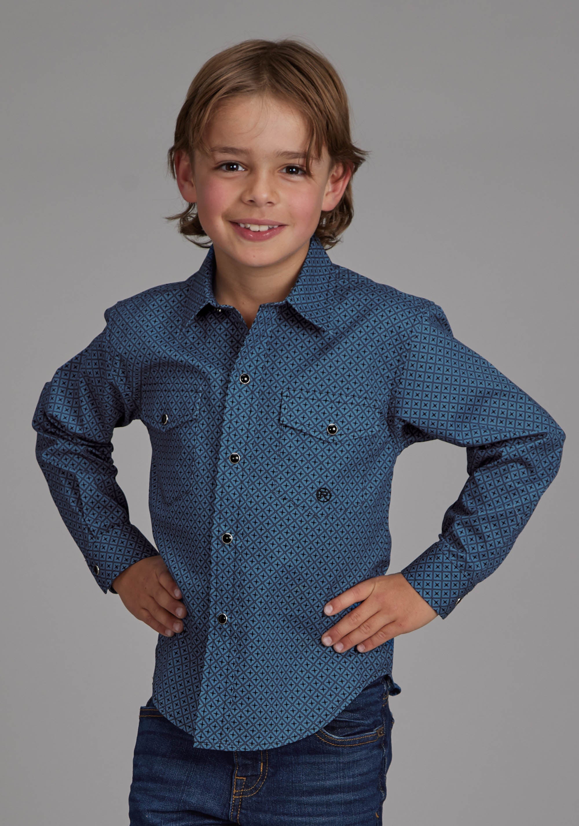 Roper Boys Diamond Print Stretch Poplin - Blue Long Sleeve Snap Wester