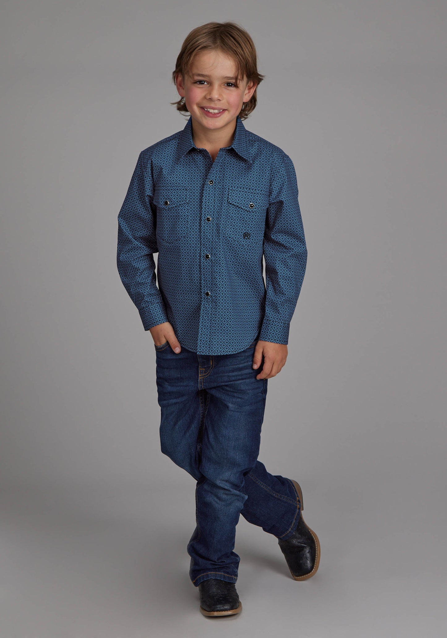 Roper Boys Diamond Print Stretch Poplin - Blue Long Sleeve Snap Western Shirt