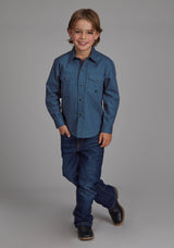 Roper Boys Diamond Print Stretch Poplin - Blue Long Sleeve Snap Western Shirt