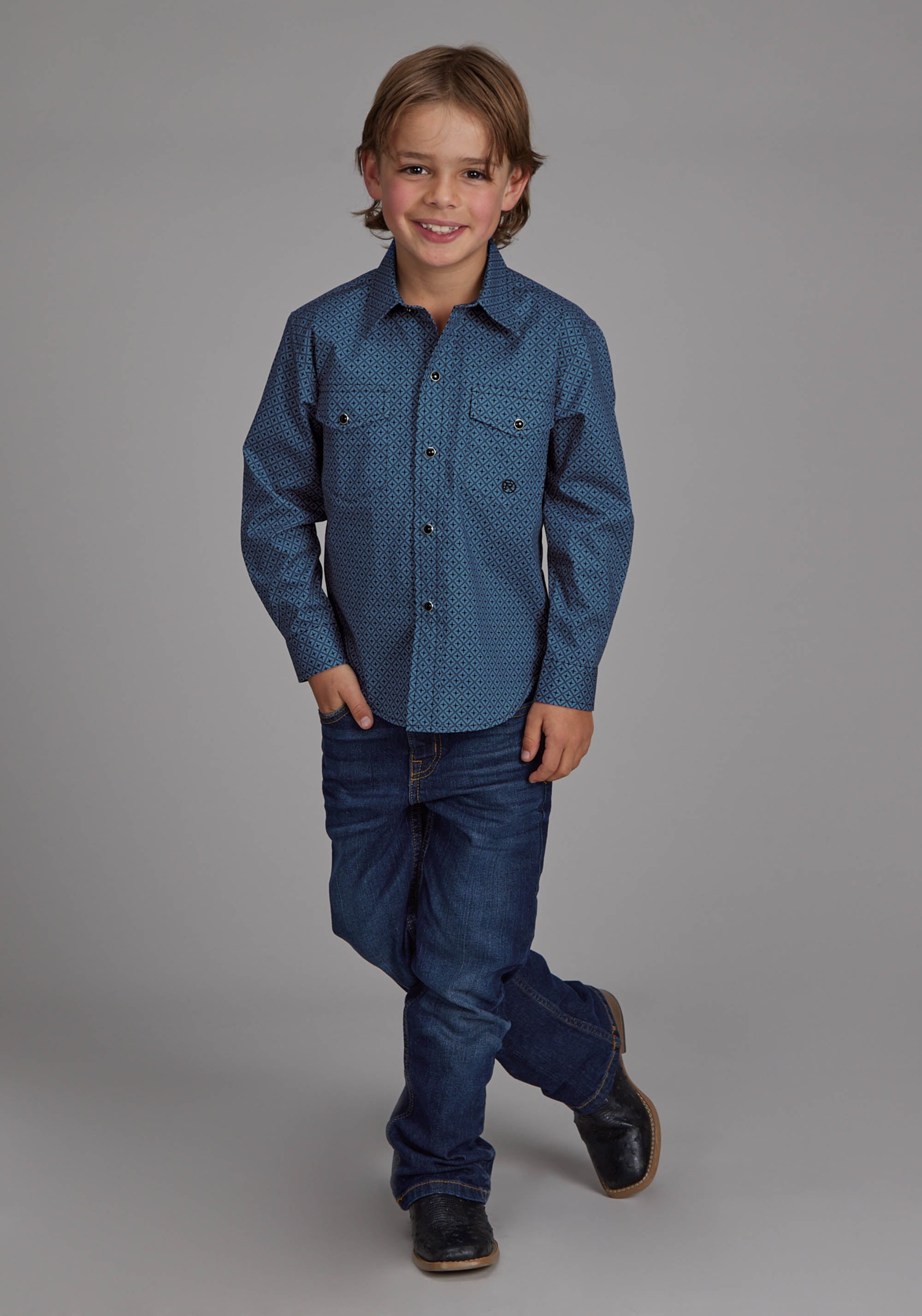 Roper Boys Diamond Print Stretch Poplin - Blue Long Sleeve Snap Western Shirt