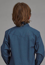 Roper Boys Diamond Print Stretch Poplin - Blue Long Sleeve Snap Western Shirt