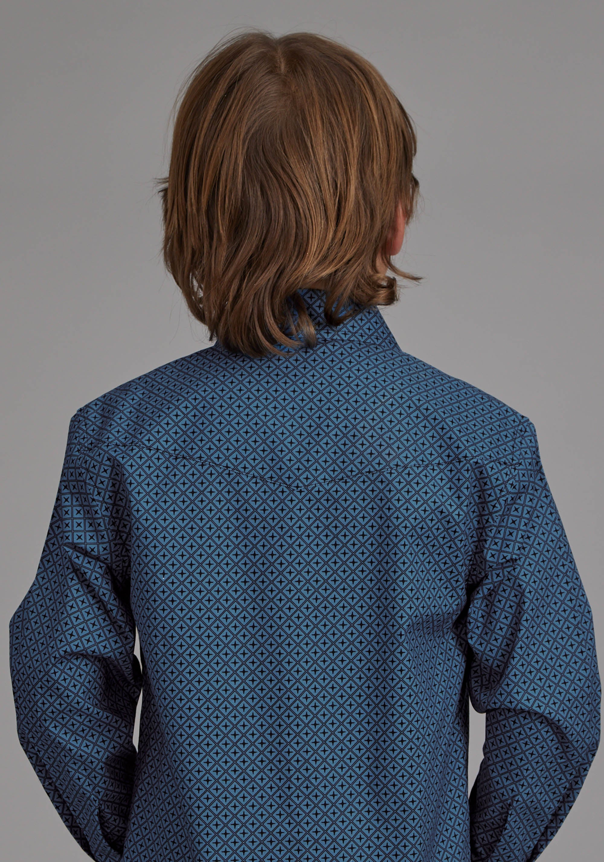 Roper Boys Diamond Print Stretch Poplin - Blue Long Sleeve Snap Western Shirt
