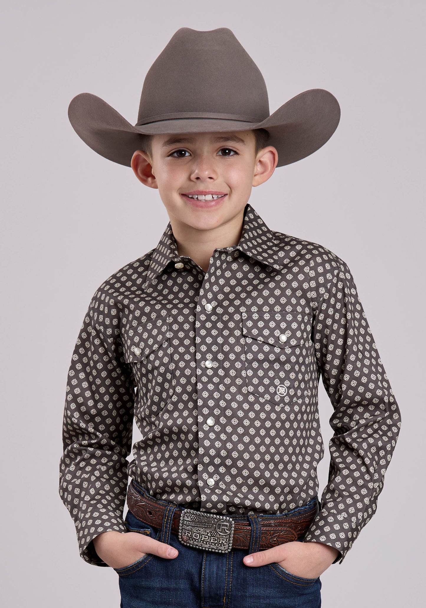 Roper Boys Long Sleeve Snap Grey Stretch Foulard Western Shirt