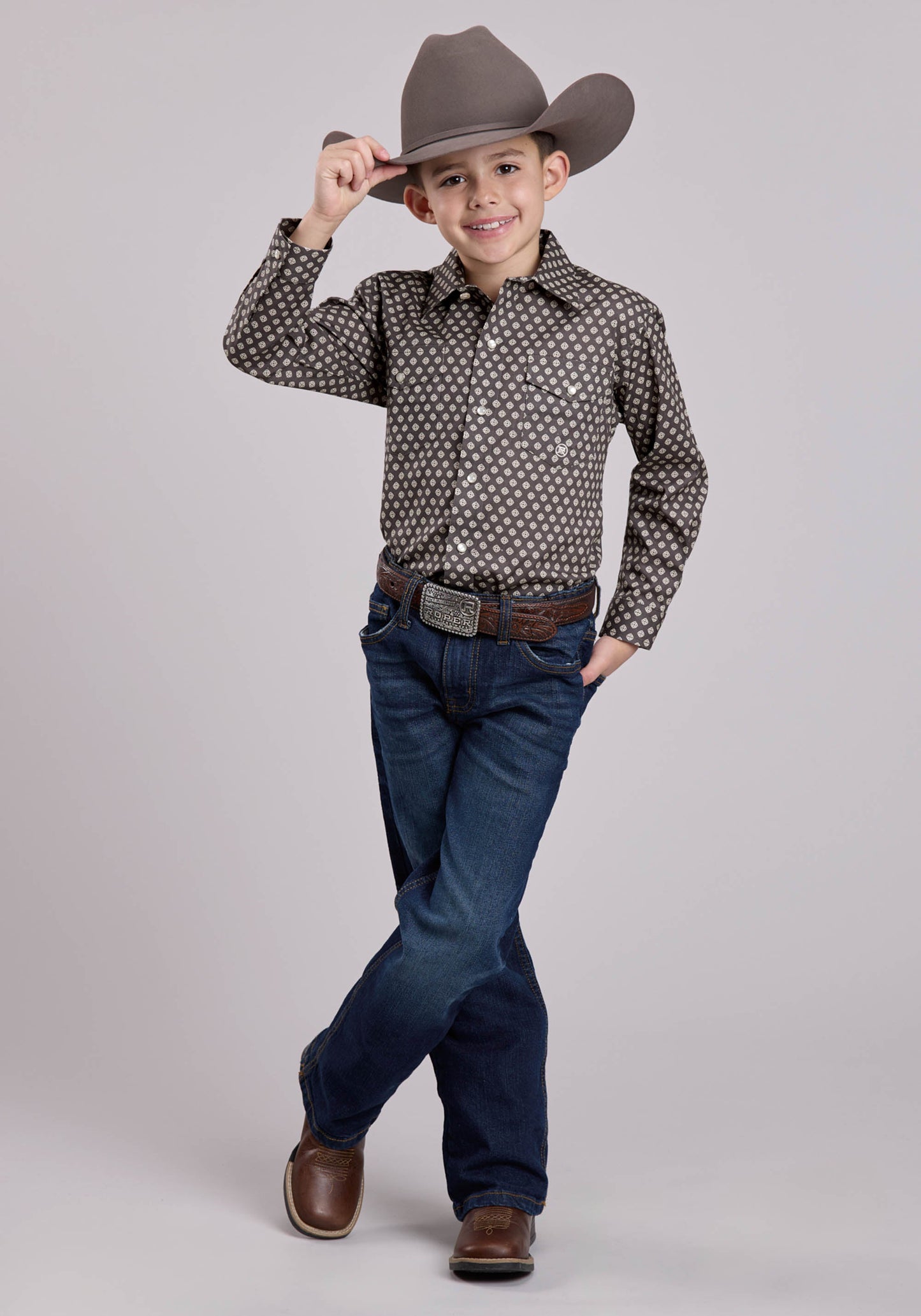 Roper Boys Long Sleeve Snap Grey Stretch Foulard Western Shirt