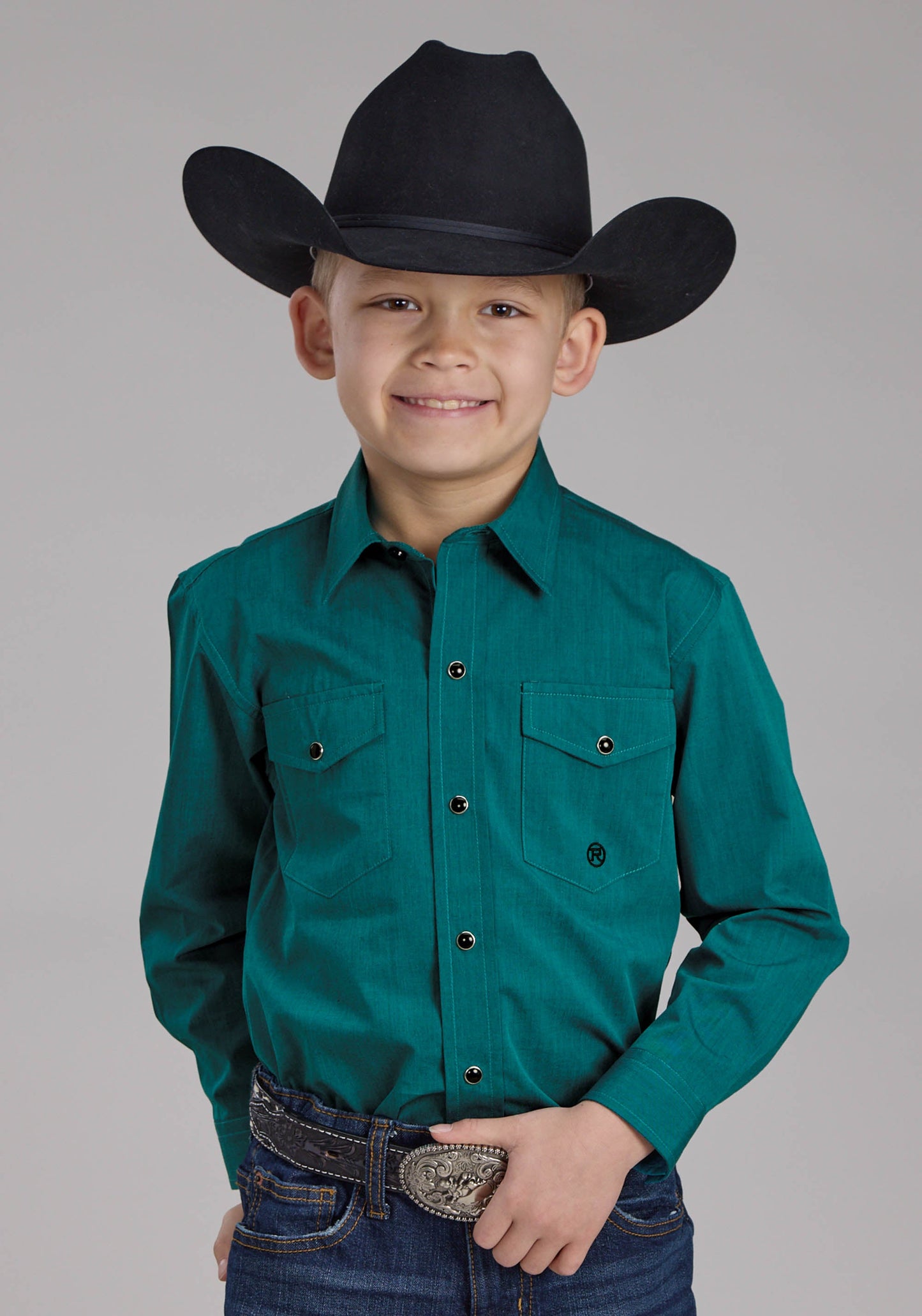 Roper Boys Black Fill Solid Poplin - Teal Long Sleeve Snap Western Shi