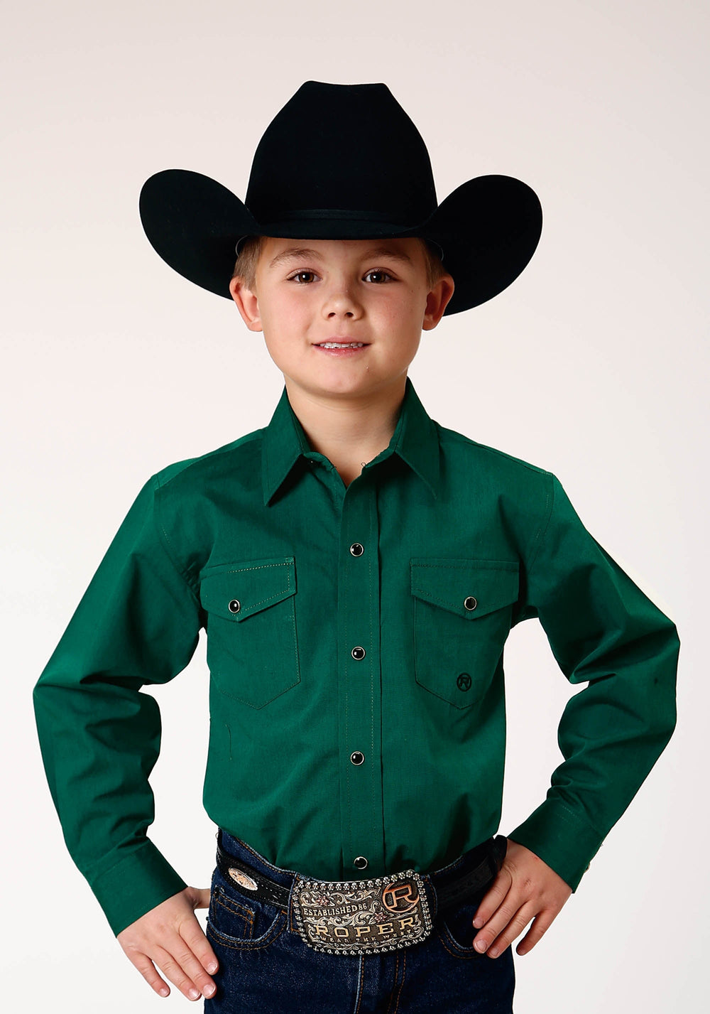 Roper Boys Long Sleeve Snap Black Fill Solid Green Western Shirt - Roper
