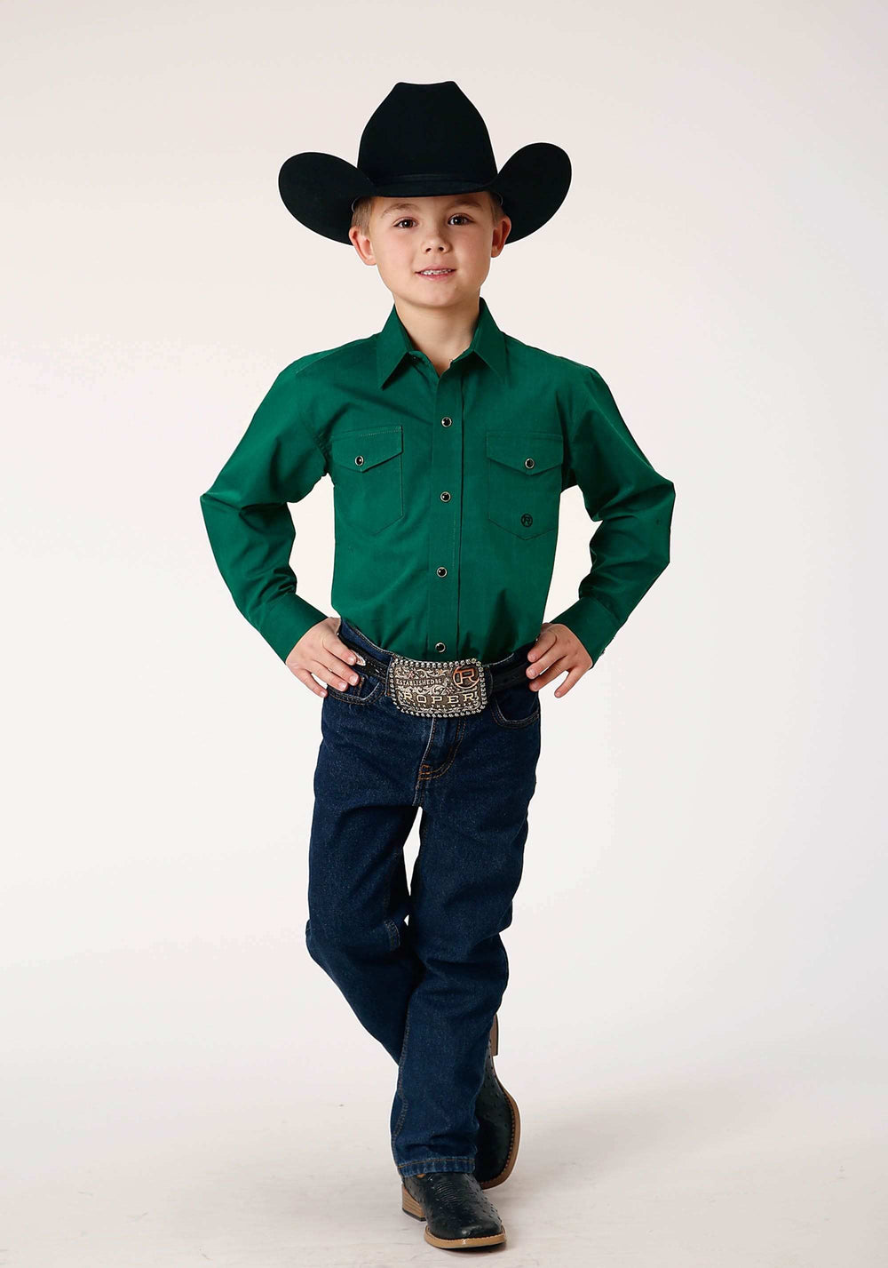 Roper Boys Long Sleeve Snap Black Fill Solid Green Western Shirt - Roper - Flyclothing LLC