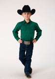 Roper Boys Long Sleeve Snap Black Fill Solid Green Western Shirt - Roper