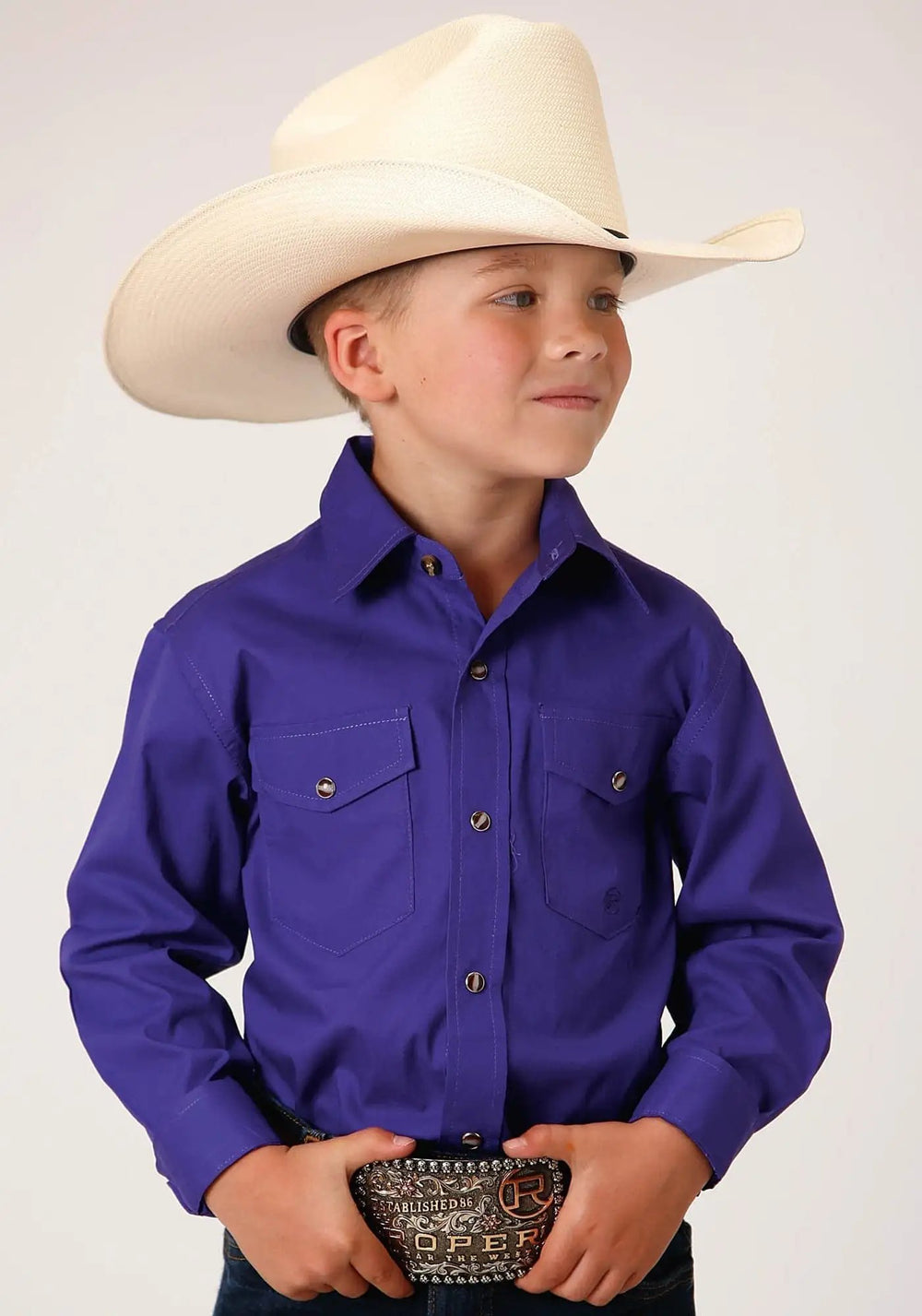 Roper Boys Long Sleeve Snap Solid Poplin Western Model  Western Shirt - Roper