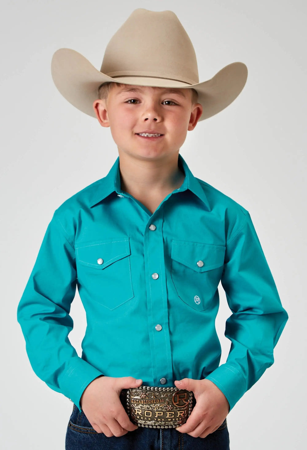 Roper Boys Long Sleeve Snap Solid Poplin Stretch Turquoise Western Shirt - Roper